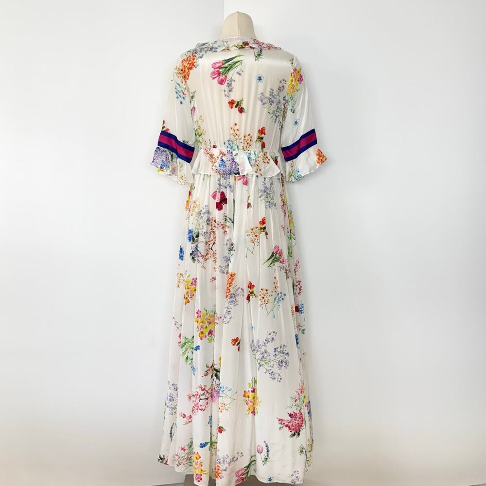 Rococo Sand Satin Kimono Coverup Tiered Ruffle Maxi Open-Front Duster Topper S - Picture 7 of 13